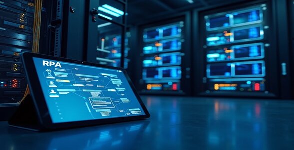 Uma sala de servidores corporativos, com cabos de fibra óptica conectados, equipamentos de última geração. Na frente, um tablet sobre uma bancada exibe um fluxograma de RPA