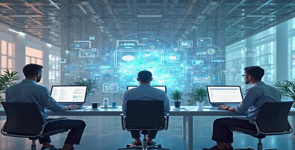 Um escritório digital moderno, onde os colaboradores trabalham e acessam todas as ferramentas permitidas através de um painel personalizável do SAP Work Zone.