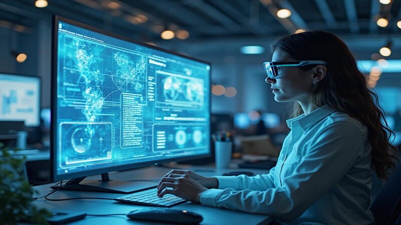 Um ambiente de trabalho futurista, onde um painel holográfico projeta gráficos e mapas de integração de dados em tempo real, operando por um profissional com dispositivos vestíveis, como óculos inteligentes