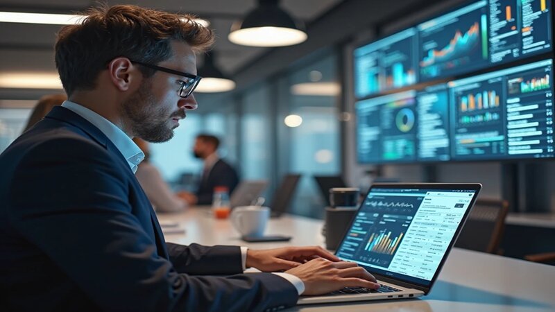 Um profissional acessando o SAP Work Zone em seu laptop, analisando métricas de desempenho e interagindo com colegas via chat comercial.