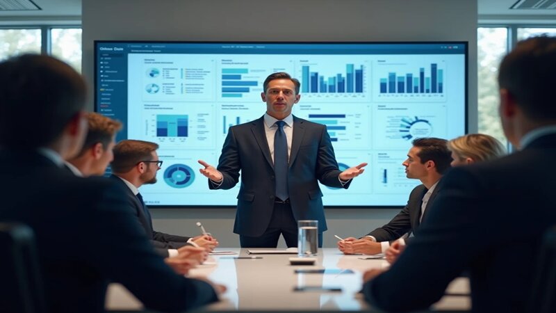 Um cio passando a estratégia de dados para seus funcionários em uma sala de reunião