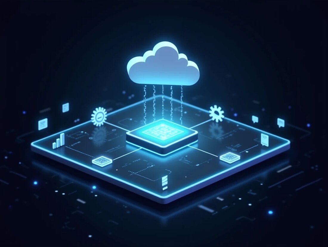 uma nuvem central brilhante conectada a vários elementos, como engrenagens (representando automação), blocos de código (representando desenvolvimento ágil), gráficos e tabelas de dados (para inteligência de dados) e ícones de aplicativos interconectados (para integração de sistemas).